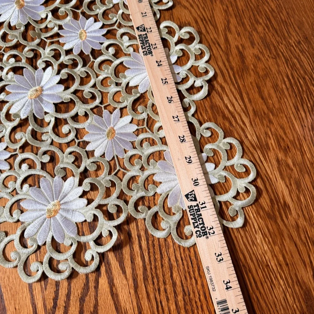Daisy Embroidered Table Runner Square White Gold Floral Cutout Lace Tablecloth
